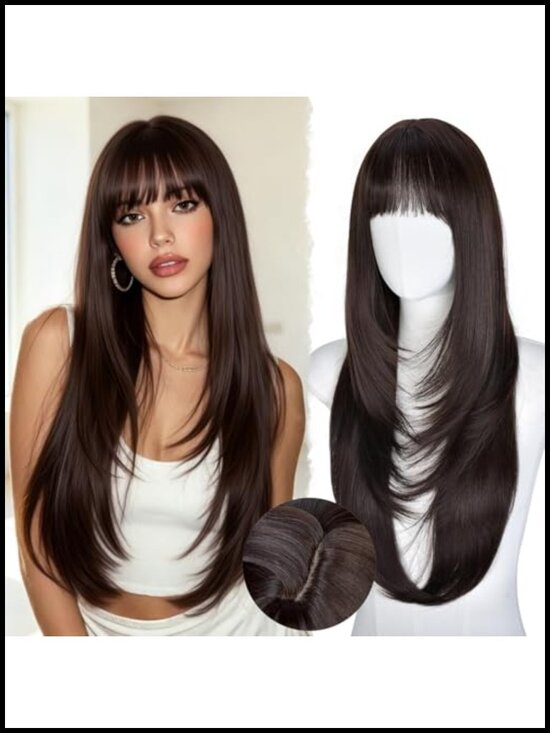 Layered Wig with Bangs for Women, 26 Inch Long Synthetic Hair, Glueless